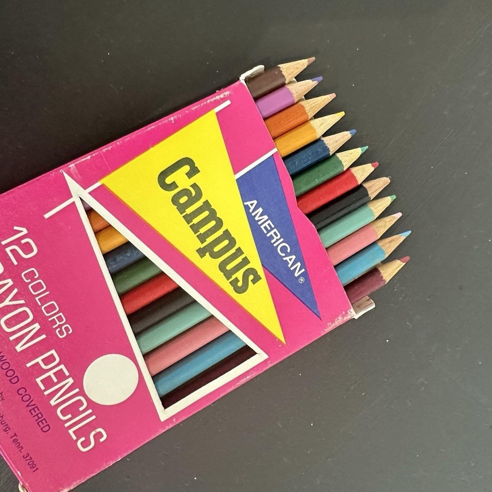Vintage Crayon Colored Pencils American Campus 12 In Box Wood Covered USA 4.5"